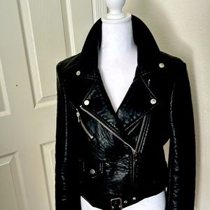 Black leather motorcycle jacket.